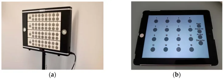 CSV-1000Eコントラスト感度チャート：背光式パネルに4空間周波数×8コントラストレベルの円形格子パッチが配置された臨床用検査装置