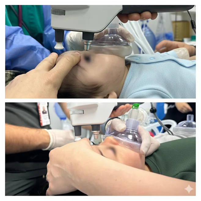 Medição da pressão intraocular com tonômetro portátil durante exame sob anestesia geral (EUA) em criança