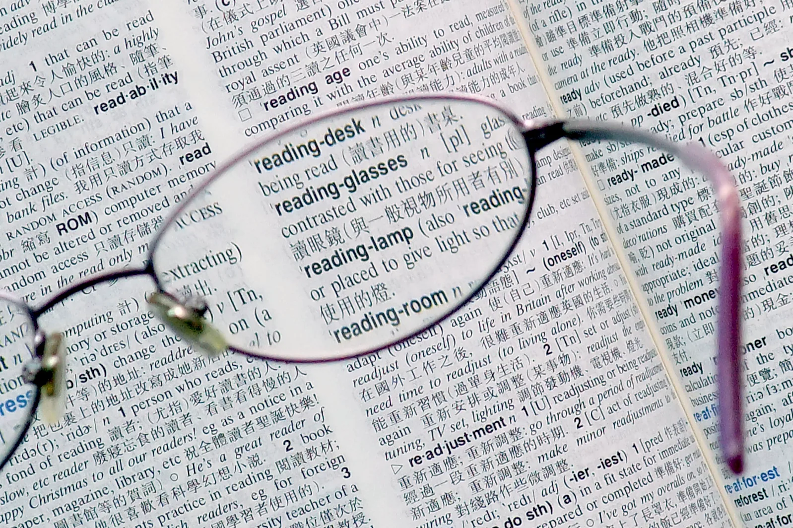 老視矯正に用いられる老眼鏡（辞書を背景に置かれた読書用眼鏡）